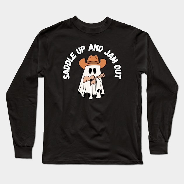 Saddle up and jam out, cute cowboy ghost playing the guitar. Halloween Long Sleeve T-Shirt by Project Charlie